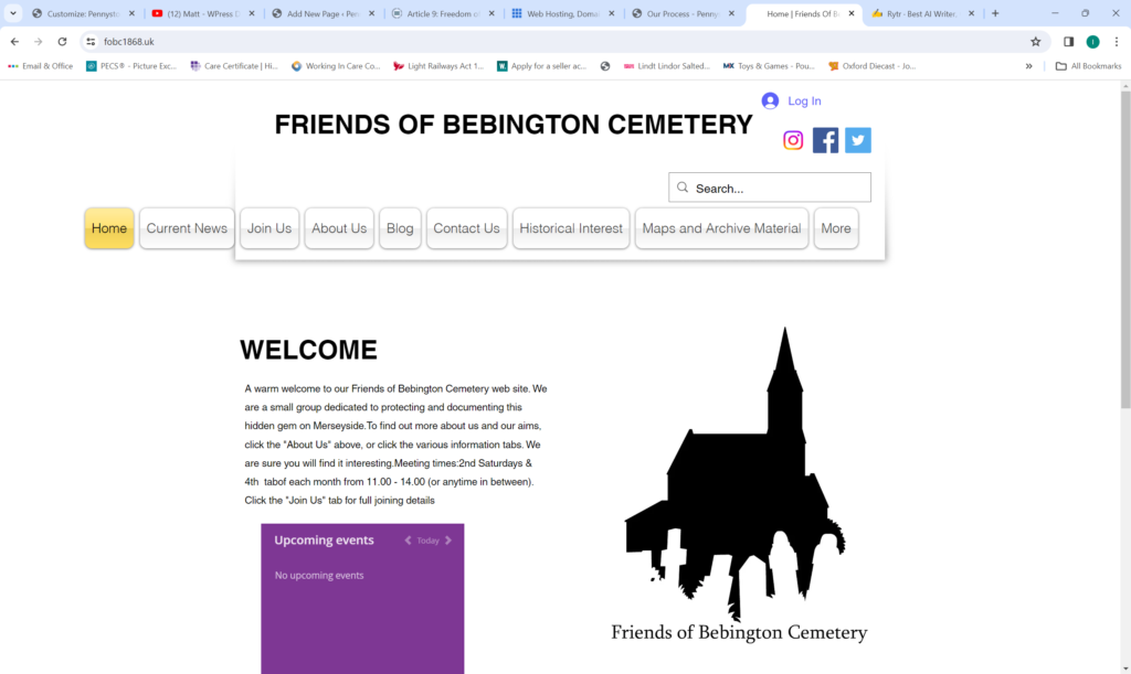 A screenshot of the Friend's of Bebington Cemetery website home page. On the right is the logo, there is an events calendar below the Welcome text