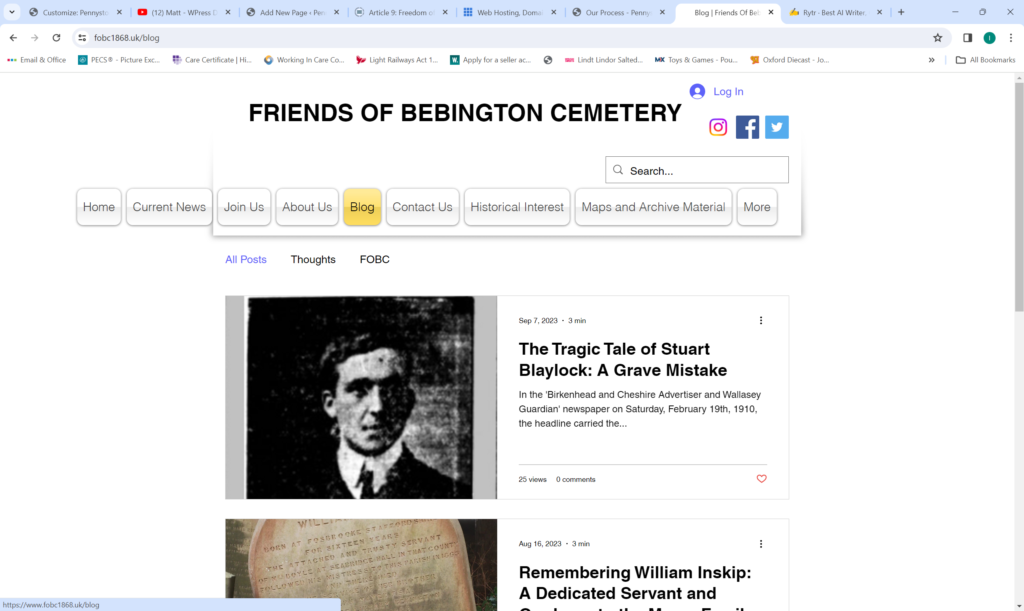 A screenshot of the Friend's of Bebington Cemetery website blog. 