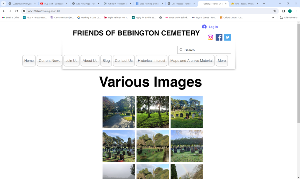 A screenshot of an image gallery on the Friends of Bebington website. There are over 20 images. They include gravestones, the local church and the general layout of the cemetery 