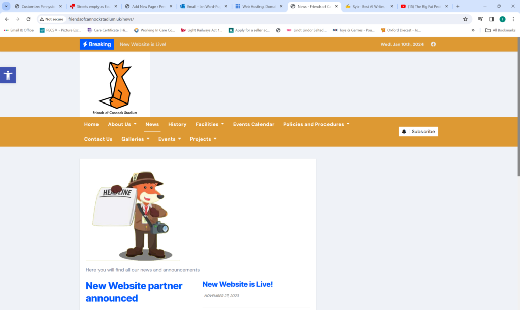 The Friends of Cannock Stadium website's news page. The logo is a fox dressed as a reporter holding a camera and a newspaper. It is a blog style page