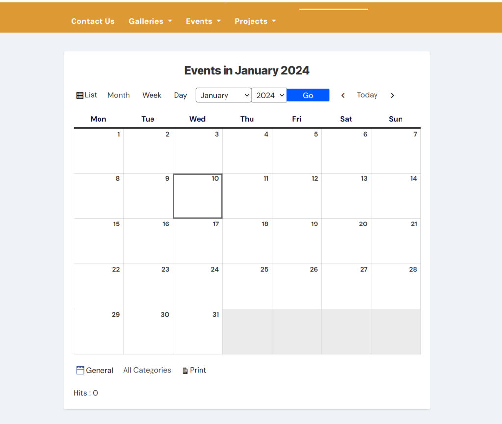 The Friends of Cannock Stadium website calendar page. It is a grid style, with boxes for each day of the month.