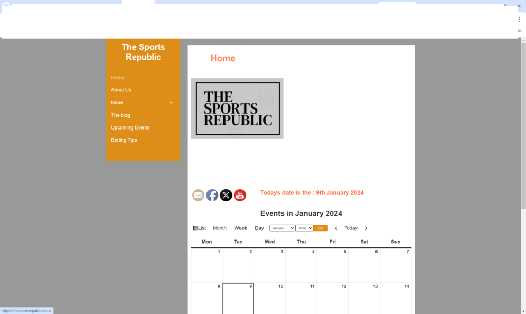  Screenshot thumbnail of The Sports Republic homepage featuring orange and white menu, social media links, and events calendar.