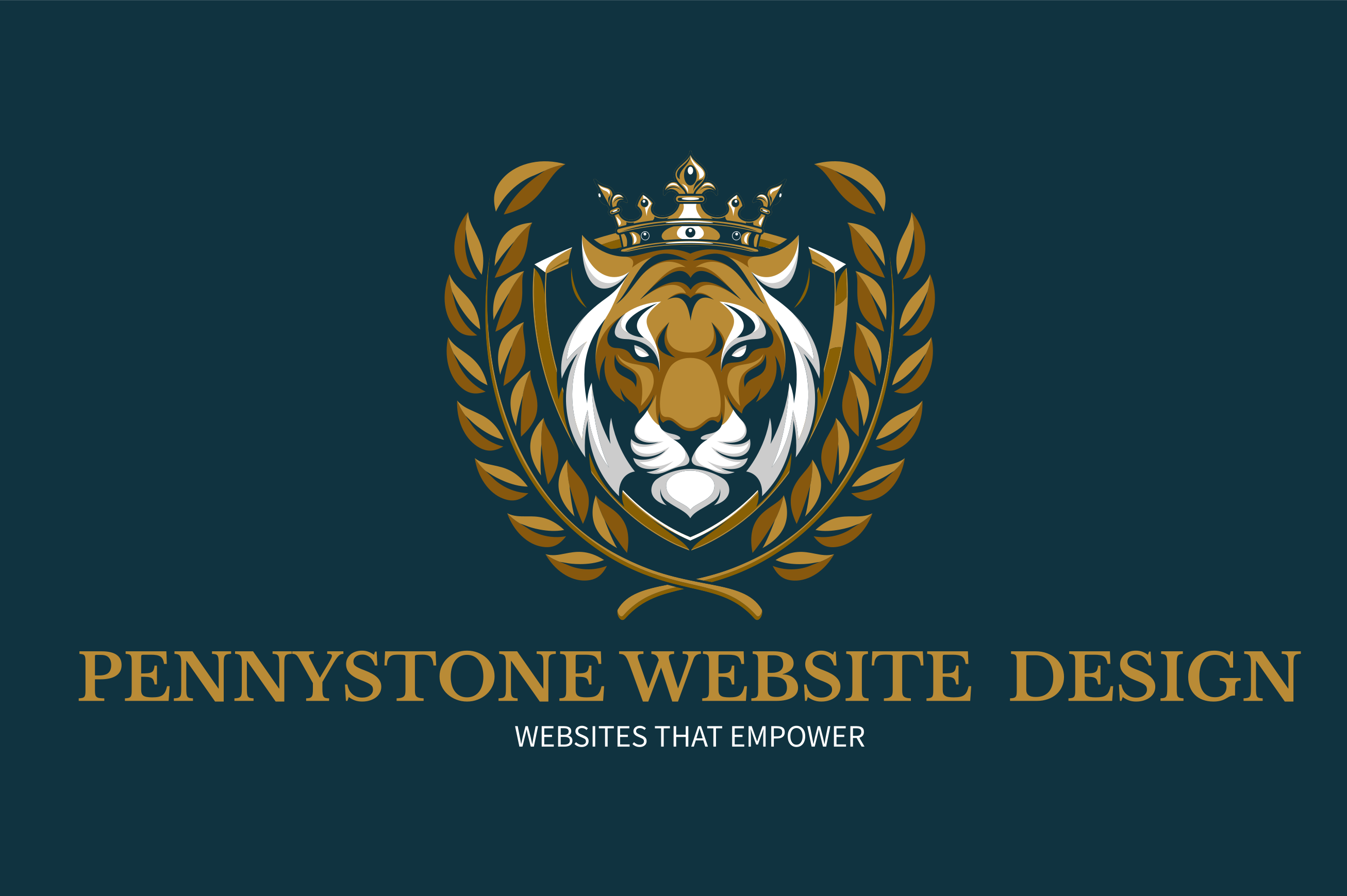 Logo of pennystone website design featuring a golden shield with a crowned tiger, surrounded by laurel wreaths on a dark blue background.