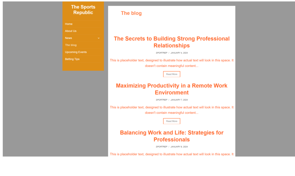 A computer screen displaying the Sports Republic blog theme. Gray background, orange and white menu, and a list of articles.