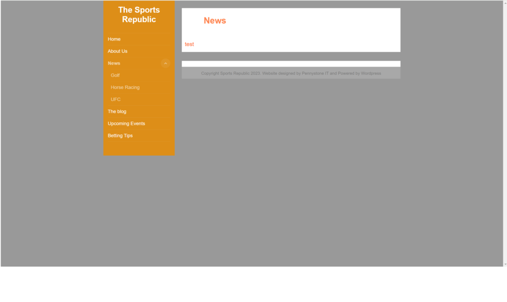 screen displaying Sports Republic blog theme: gray background, orange and white menu, news items listed